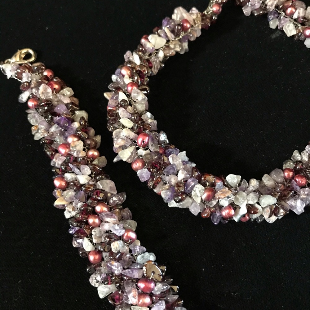 Handmade Amethyst Pearl &Garnet Necklace/ bracelet